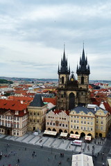 Fototapeta na wymiar Czech Republic, Prague, top view of Staromestske square, church of our lady before Tyn