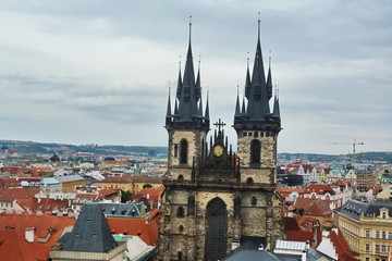 Fototapeta premium Czech Republic, Prague, top view of Staromestske square, church of our lady before Tyn