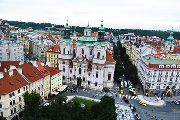 Fototapeta na wymiar Top view of the church of St Nicholas of Old Town in Prague, Czech Republic