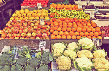 Assortment of all kind of fruits and vegetables on the stand in street market in Athens Greece
