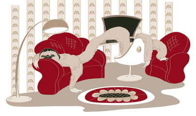 Happy sloth stretched out on the couch, on the table and on the chair © zanira_zm