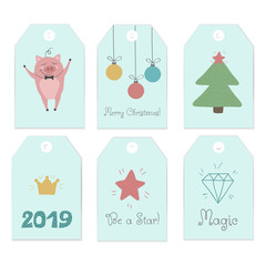 Collection of six cute redy-to-use gift tags. Set of 6 printable hand drawn label in light blue color . Perfect for Christmas presents. Vector badge design