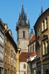 Bell tower of the church of our lady before Tyn, Prague, Czech Republic