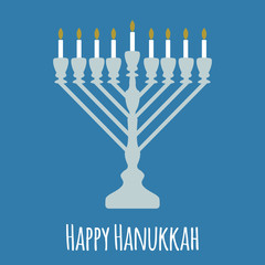Happy Hanukkah with silver menorah and white candles on light blue background