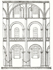 arches and windows in the interior of the nave in the Abbey-aux-Hommes Caen France. Front architecture by unidentified author published on Magasin Pittoresque Paris 1839