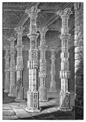 majestic high columns arabian decorated in a large stone room. Adhai Din Ka Jhonpra mosque in Ajmer Rajasthan India. Created by Andrew Best and Leloir published on Magasin Pittoresque Paris 1839