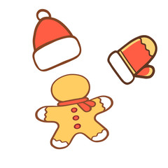 Gingerbread Man With Santa Claus hat and Red glove. Vector Illustration