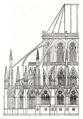 ancient detail of Notre-Dame cathedral apse exterior with his typical pointed arches, windows and spears. Paris, France. By unidentified author published on Magasin Pittoresque Paris 1839