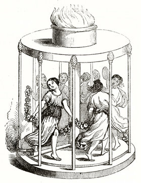 ancient carousel with young girl little statues walking around powered by an Aeolipile (Heron's engine). By unidentified author published on Magasin Pittoresque Paris 1839