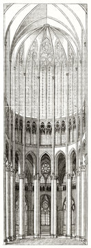 Ancient reproduction of the apse of the coir in Beauvais cathedral France. High columns, windows and pointed arches. By unidentified author published on Magasin Pittoresque Paris 1839