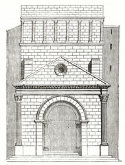 Front view of Avignon cathedral facade with its big wooden portal and walls of bricks. By unidentified author published on Magasin Pittoresque Paris 1839