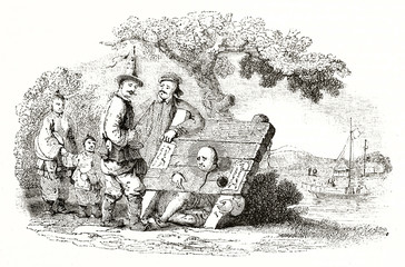 Old illustration of a man suffering the chinese pillory under the view of other people, outdoor. By unidentified author published on Magasin Pittoresque Paris 1839