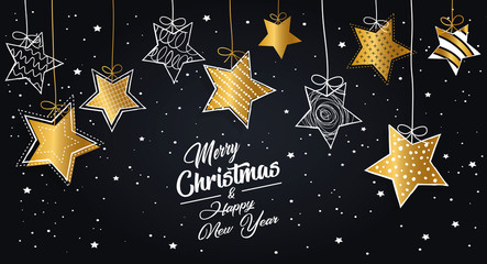 Greeting card Merry Christmas background. Vector illustration with Christmas elements stars. The colors white, gold and black