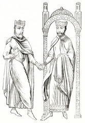 Fototapeta na wymiar old engraved reproduction of a fantastic encounter between Constantine and Charlemagne shaking hands each other in Saint-Denis stained glass-window. Magasin Pittoresque Paris 1839