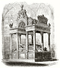 Old engraved reproduction of Queen Elisabeth I tomb in Westminster abbey England. By unidentified author published on Magasin Pittoresque Paris1839