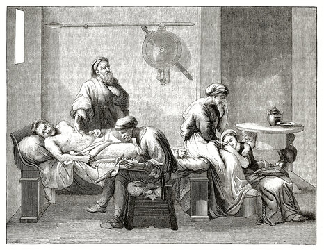 Ancient man on his dying bed dictates his will to a writer.  Old engraved reproduction of The Testament of Eudamidas. After Poussin published on Magasin Pittoresque Paris 1839