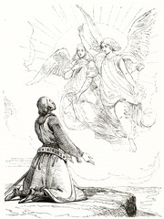 Ancient reproduction of a painting portraying Godefroy of Bouillon on his knee during the vision of two angels. After De Madrazo published on Magasin Pittoresque Paris 1839