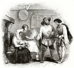 Old illustration depicting King Henry II of England, the miller of Mansfield (traditional ballad) and his family in their poor house. By unidentified author published on Magasin Pittoresque Paris 1839