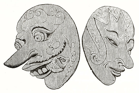 Old engraved simple outlined reproduction of Javanese theater masks isolated on white background. After Ruffles published on Magasin Pittoresque Paris 1839