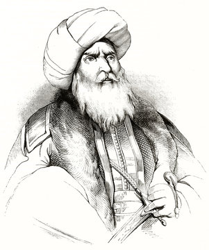 Ancient portrait of Mehmet Ali (1769 - 1849), founder of modern Egypt, oriental traditionally dressed with turbans and white beard. By unidentified author published on Magasin Pittoresque Paris 1839