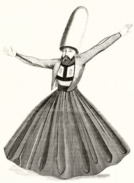 ancient Mevlevi Order man (initiate of the Sufi path) also known as Whirling Dervishes. Full body displayed with a strange costume with a long skirt. Magasin Pittoresque Paris 1839