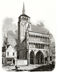 Ancient medieval side foreshortening of Notre-Dame church in Dijon France. old grayscale etching by unidentified author published on Magasin Pittoresque Paris 1839