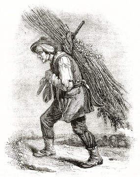 Ancient illustration of a Normand peasant in traditional costume carrying a heavy bundle of wood on his back. By unidentified author published on Magasin Pittoresque Paris 1839
