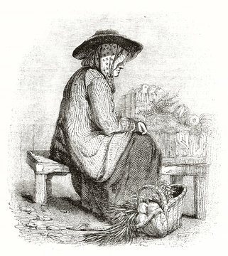 Old illustration of a Normand peasant seated close to a basket vegetables filled in traditional costume. By unidentified author published on Magasin Pittoresque Paris 1839