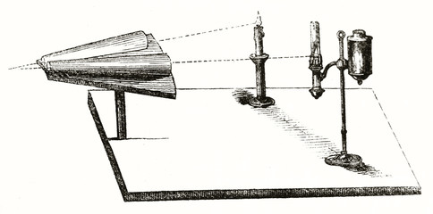 Ancient schematic black and white horizontal oriented illustration of a rudimentary photometer. By unidentified author published on Magasin Pittoresque Paris 1839
