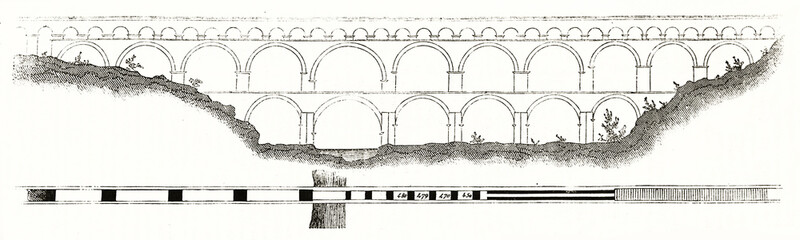 Old plan of the Pont du Gard Roman ancient aqueduct across the Gardon river southern France. Architectural explanation of the engeneering work by unidentified author, Magasin Pittoresque Paris 1839