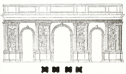 Ancient engraved front reproduction of Porte Mars triumphal arch in Reims France. Typical classic style city portal with arches and columns. By unidentified author, Magasin Pittoresque Paris 1839 © Mannaggia