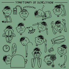 Depression signs and symptoms. Vector illustration of problems of mental health