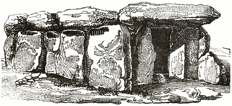 Ancient stone tomb over a white background. Old view of the Roche-aux-Fees passage grave in Esse Brittany. By unidentified author published on Magasin Pittoresque Paris 1839