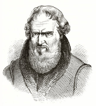 Ancient closeup engraved portrait of a old bearded man. Hans Sachs (1494-1576) German meistersinger poet playwright and shoemaker. By unidentified author published on Magasin Pittoresque Paris 1839