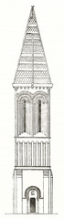 Ancient front view of Saint-Loup church bell tower Bayeux France. Old schematic illustration vertical oriented. By unidentified author published on Magasin Pittoresque Paris 1839