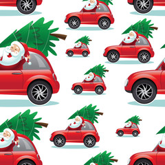 Repeating seamless pattern of Christmas cartoon Santa Claus driving a car with a Christmas tree on top. Eps10 vector illustration.