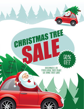Christmas tree sale banner with cartoon Santa Claus. Eps10 vector illustration.
