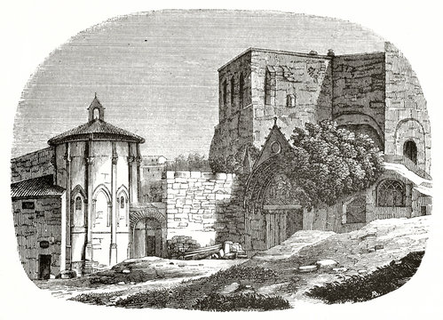 Saint-Emilion monolithic church entrance Gironde France displayed in an ancient engraved illustration inserted in a oval frame with faded edges. Published on Magasin Pittoresque Paris 1839