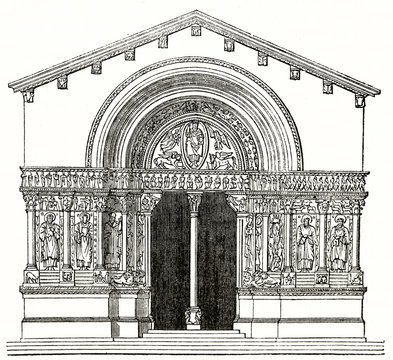 Old front reproduction of Saint Trophime church ancient arched portal rich of decorations and bas reliefs, Arle France. By unidentified author published on Magasin Pittoresque Paris 1839