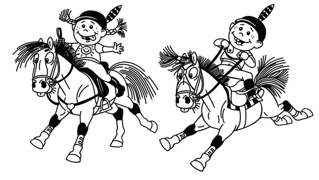 cartoon boy and girl riding pony horses in the gallop. Children horseback summer riding camp or vacation. Funny equestrian sport . Black and white outline vector illustration