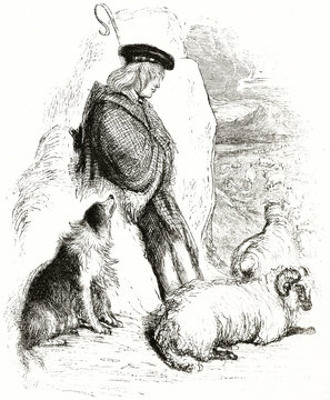 Old sketch of an ancient Scottish shepherd watching the flock of sheep with his dog. Both figures are full body displayed. By unidentified author published on Magasin Pittoresque Paris 1839