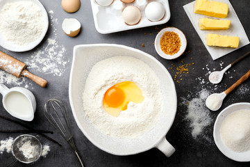  Baking background. Food accessories. Ingredients variety  for cooking dough. Top View. Flat Lay.Copy space for Text.