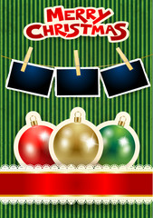 Christmas balls, photo frames and text on cardboard background