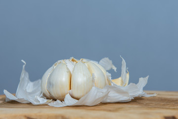 Close up of peeled garlic.