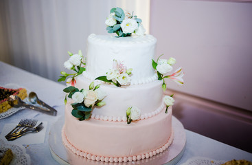 A wonderful wedding cake in the festive hall
