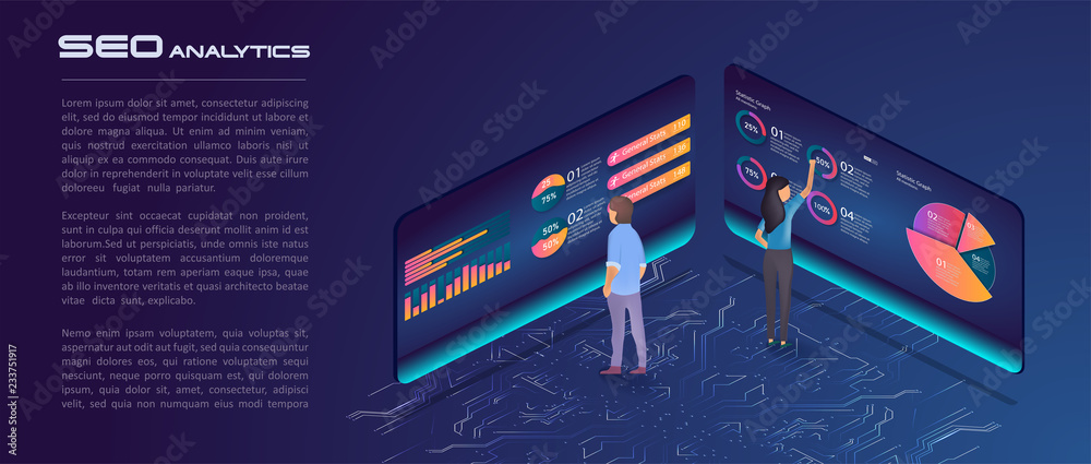 Fototapete landing page template of seo analytics team. modern isometric design concept of web page design for 