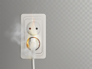 Short circuit in electrical outlet 3d realistic vector with flaming power plug in socket illustration isolated on transparent background. Overloaded electrical wiring, home fires common cause concept