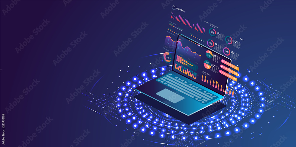 Poster application of laptop with business graph and analytics data on isometric laptop . analysis trends a