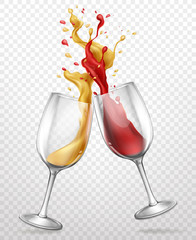 Cheers realistic vector concept with red and white wine splashing, spilling from clinking glass wineglasses 3d illustration isolated on transparent background. Holiday celebration, party booze concept