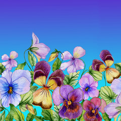 Beautiful vibrant violet flowers with green leaves on blue sky background. Seamless floral pattern. Watercolor painting. Hand drawn and painted illustration.